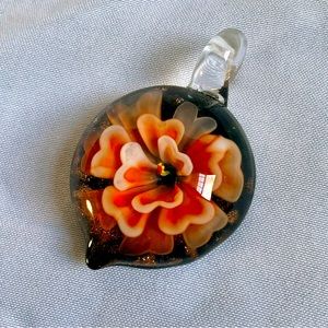 Handcrafted Lampwork Glass Pendant. Round. Peach/Orange Flower.